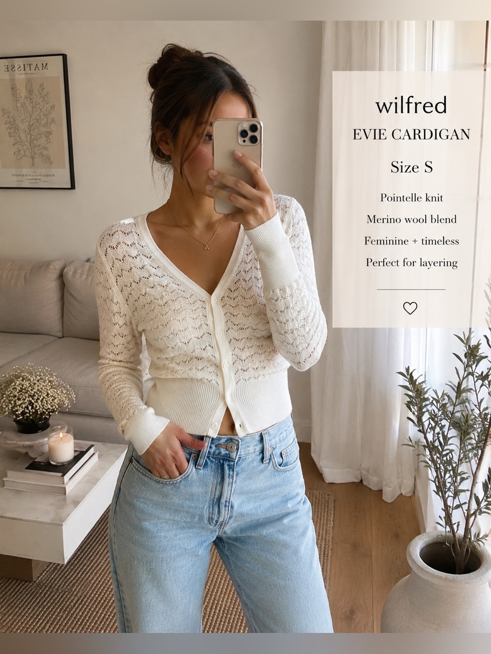 Wilfred Aritzia Evie Cardigan Ivory White Pointelle Knit Merino Wool S